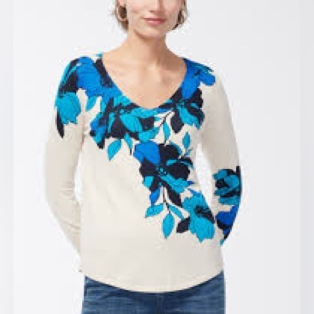 Chico’s Cool Floral Sweater Spun Cotton V-neck Long Sleeve Chicos Size 2 Large